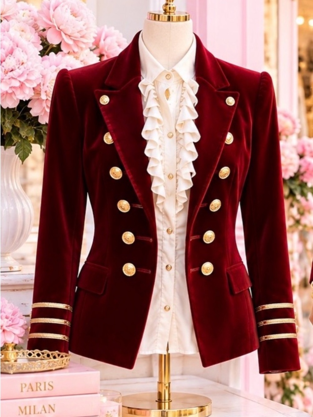 Women's Double-Breasted Velvet Blazer in Deep Burgundy with Gold Buttons